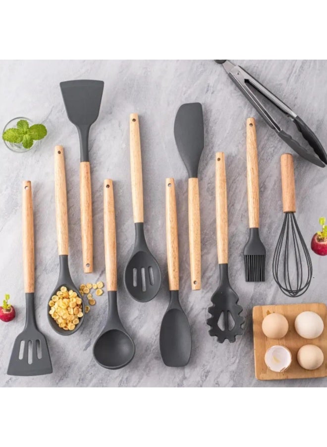 11 Piece Silicone Cooking Utensils Set with Wooden Handles and Cylindrical Holder Heat Resistant and Non Stick Black and Brown - Image 2